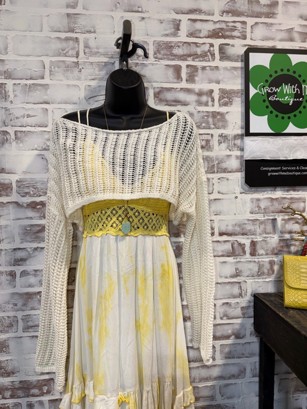 LA MIEL Cream and Yellow Layered Dress with Knit Cropped Sweater